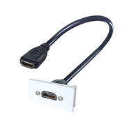 White AV module for a single HDMI port with a black HDMI cable inserted with two female connectors on either end