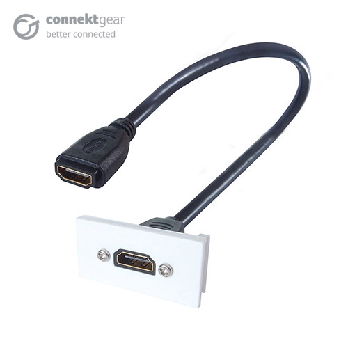 White AV module for a single HDMI port with a black HDMI cable inserted with two female connectors on either end
