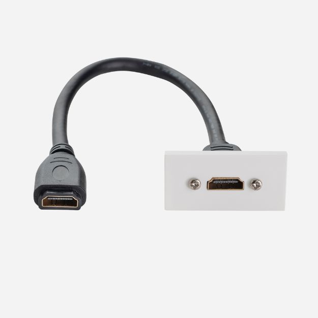 White AV module for a single HDMI port with a black HDMI cable inserted with two female connectors on either end