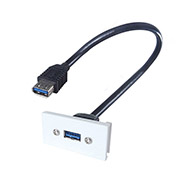 White AV module for a single USB type 3 port with a black USB type 3 cable inserted with two female connectors on either end