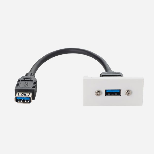 White AV module for a single USB type 3 port with a black USB type 3 cable inserted with two female connectors on either end