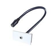 White AV module for a single 3.5mm port with a black 3.5mm cable inserted with two female connectors on either end