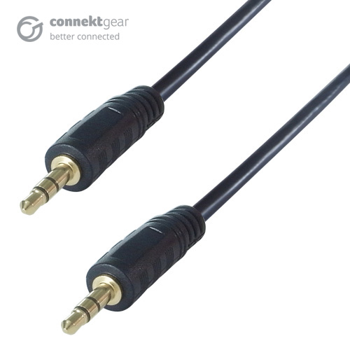 A black cable with two 3.5mm stereo jack connectors on either side with male connectors