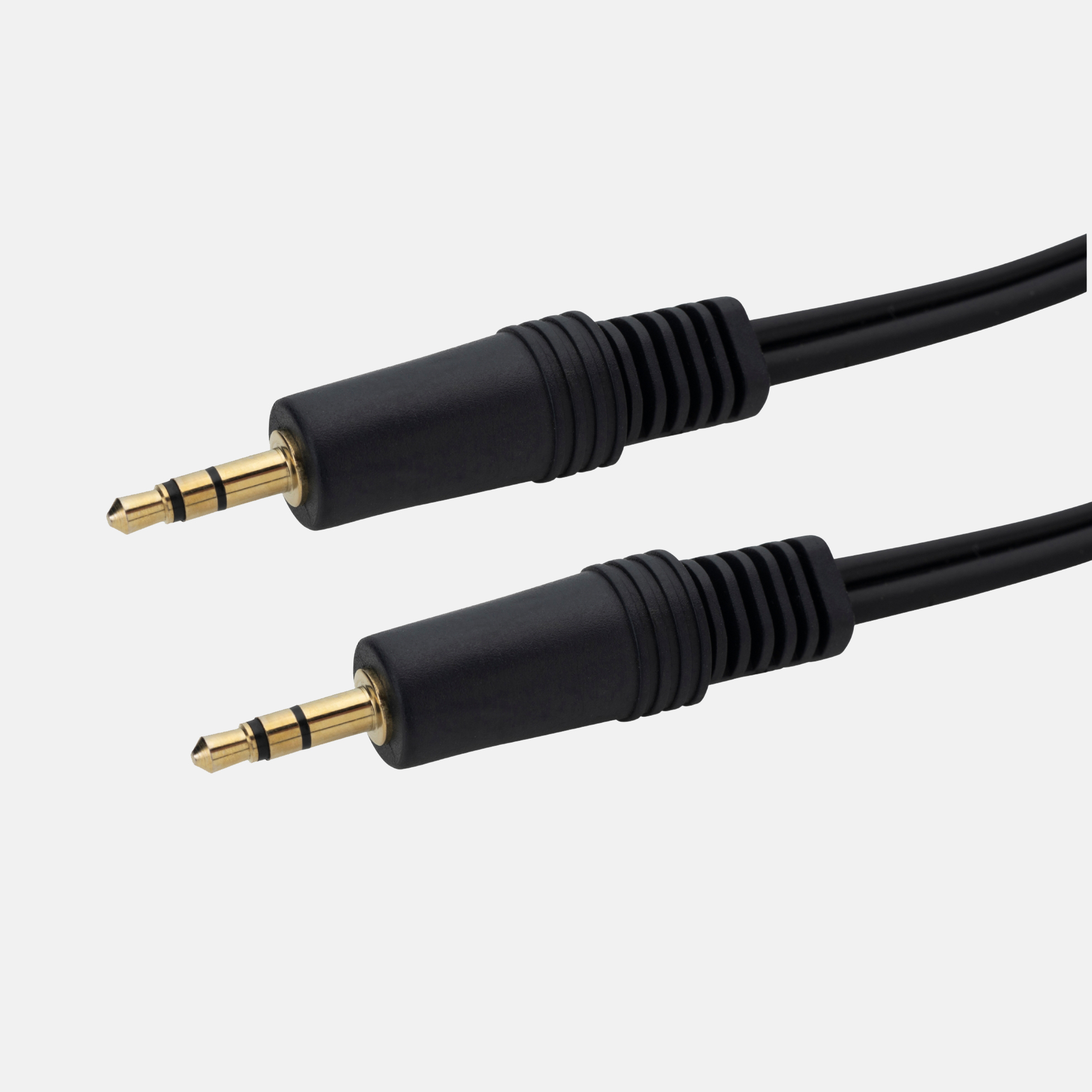 A black cable with two 3.5mm stereo jack connectors on either side with male connectors