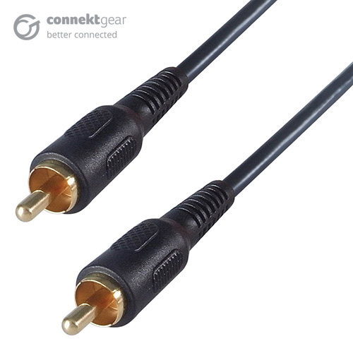 A black cable with two RCA/phono connectors both are male and gold plated