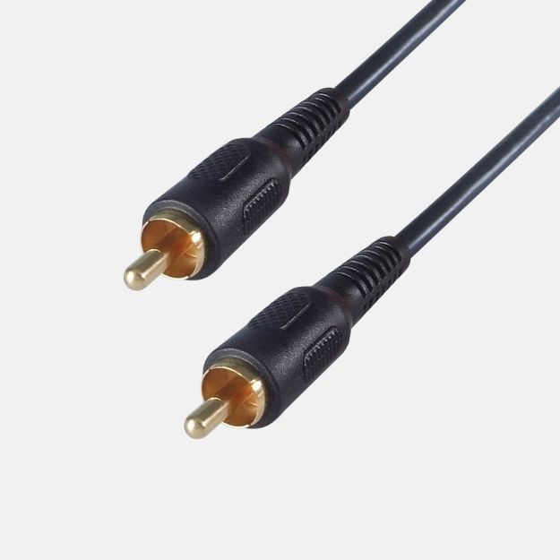 A black cable with two RCA/phono connectors both are male and gold plated