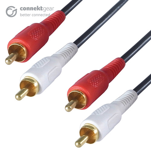 A black cable with four RCA/phono connectors that are male and gold plated two connectors are red and two connectors are white
