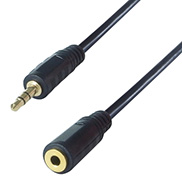 A black cable with one 3.5mm stereo jack connector male and one 3.5mm stereo jack connector female extension lead both connectors are gold plated