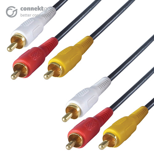 A black cable with six RCA/phono connectors two connectors are white two connectors are yellow and two connectors are red all the connectors are male and gold plated
