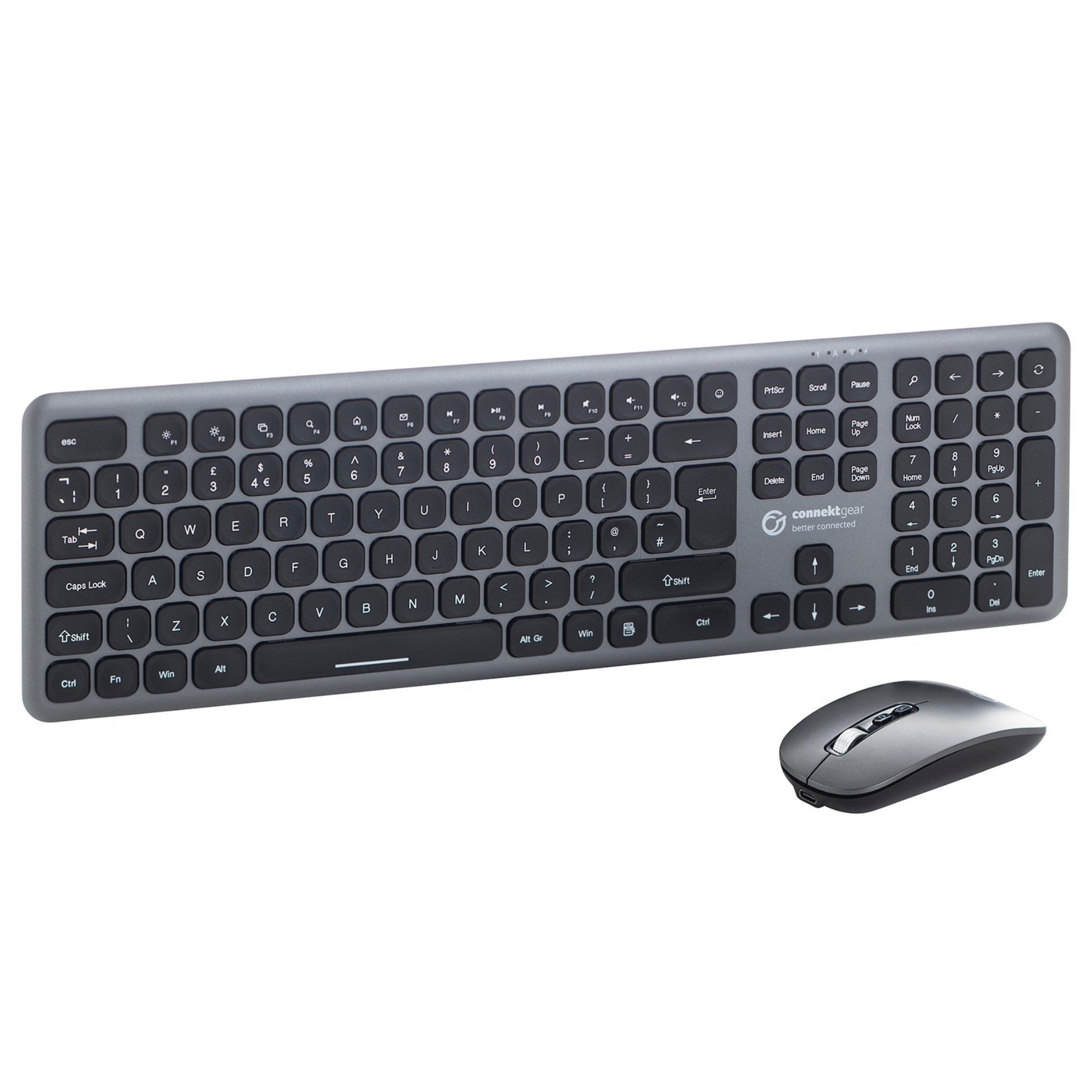 KB238 Wireless Multimedia UK Layout Keyboard & 5 Button Optical Mouse - Silver With Black Keys