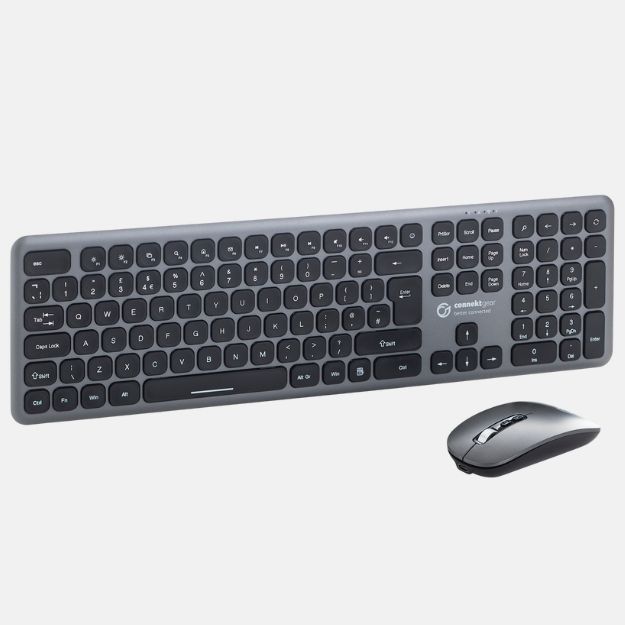 KB238 Wireless Multimedia UK Layout Keyboard & 5 Button Optical Mouse - Silver With Black Keys