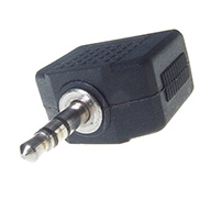 black 3.5mm stereo jack male connector on a black block 3.5mm jack splitter