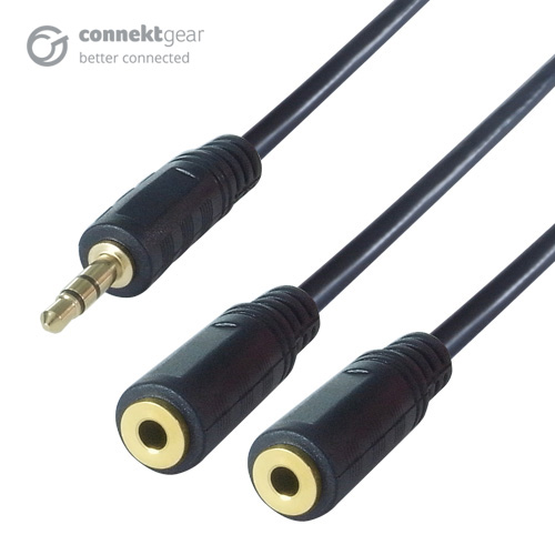 A black 3.5mm stereo jack splitter cable with a male gold plated connector and two black 3.5mm stereo jack connector cables with two female gold plated connectors