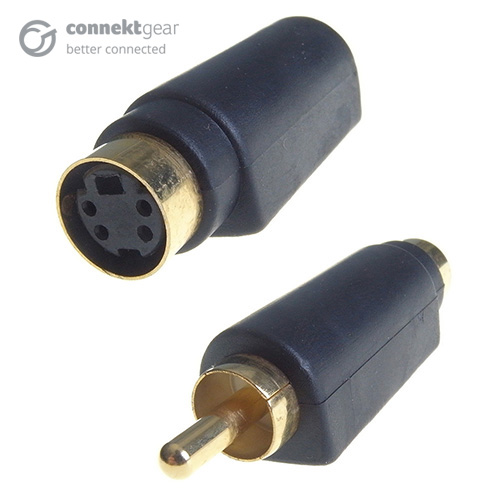 A rounded SVHS to RCA/phono adapter which has a gold plated male gold plated RCA/phono plug to a gold plated SVHS female plug in black plastic housing