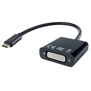 a dvi-I female to USB type C male adapter in a rounded black plastic housing with a USB type C black cable
