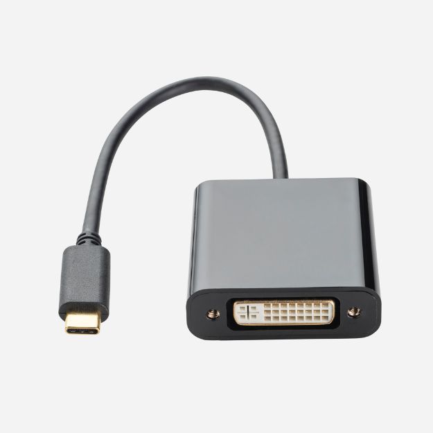 a dvi-I female to USB type C male adapter in a rounded black plastic housing with a USB type C black cable