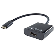 a 4k HDMI female to USB type C male adapter in a rounded black plastic housing with a USB type C black cable