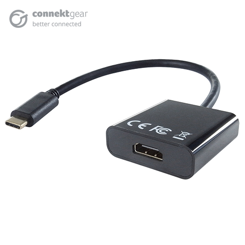a 4k HDMI female to USB type C male adapter in a rounded black plastic housing with a USB type C black cable