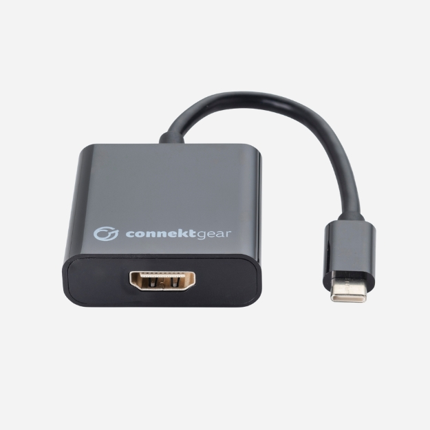 a 4k HDMI female to USB type C male adapter in a rounded black plastic housing with a USB type C black cable