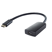 a Mini DisplayPort female to USB type C male adapter in a rounded black plastic housing with a USB type C black cable