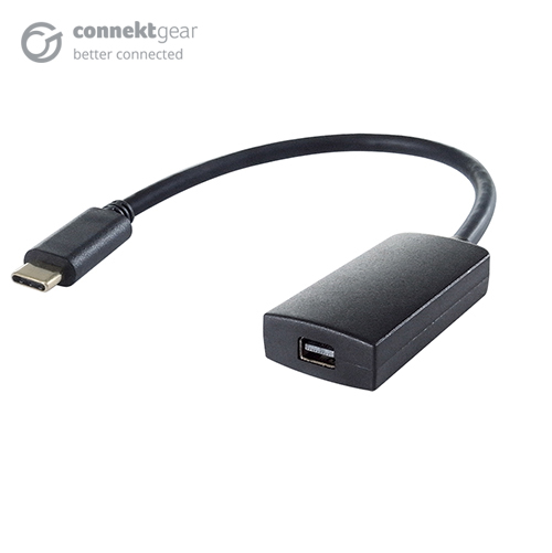 a Mini DisplayPort female to USB type C male adapter in a rounded black plastic housing with a USB type C black cable
