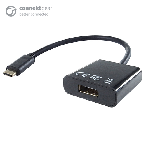 a DisplayPort female to USB type C male adapter in a rounded black plastic housing with a USB type C black cable
