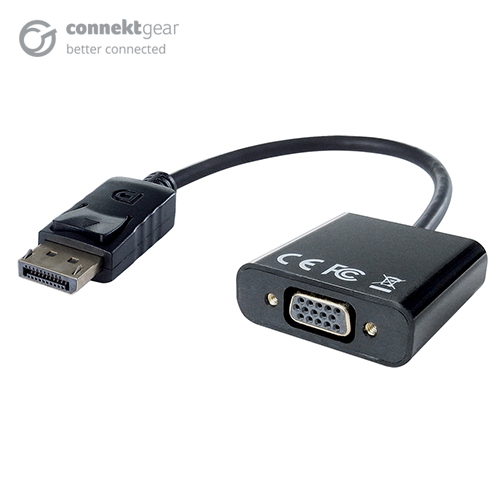 a VGA female to displayport male adapter in a rounded black plastic housing with a Displayport male black cable