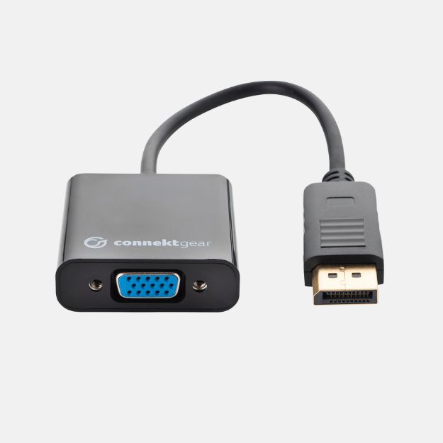 a VGA female to displayport male adapter in a rounded black plastic housing with a Displayport male black cable