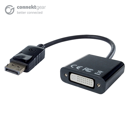 a DVI female to displayport male adapter in a rounded black plastic housing with a Displayport male black cable