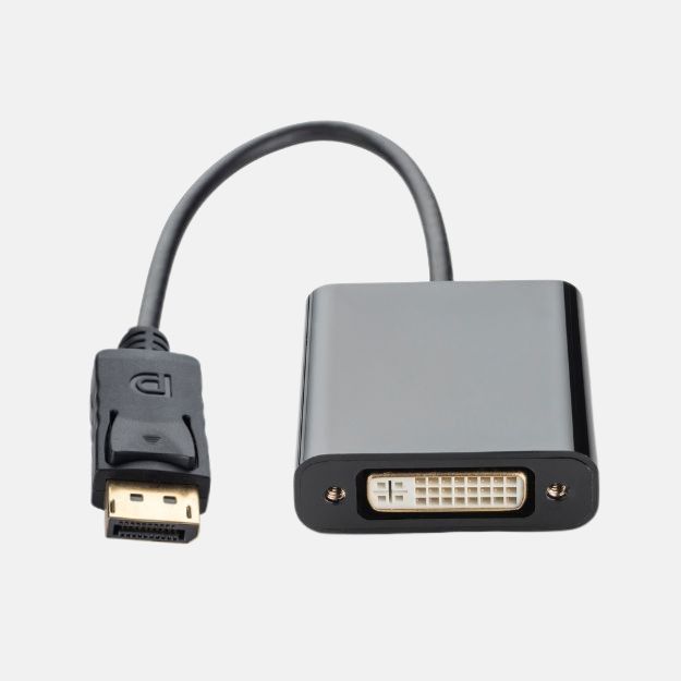 a DVI female to displayport male adapter in a rounded black plastic housing with a Displayport male black cable