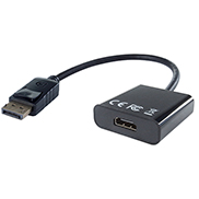 a HDMI female to displayport male adapter in a rounded black plastic housing with a Displayport male black cable