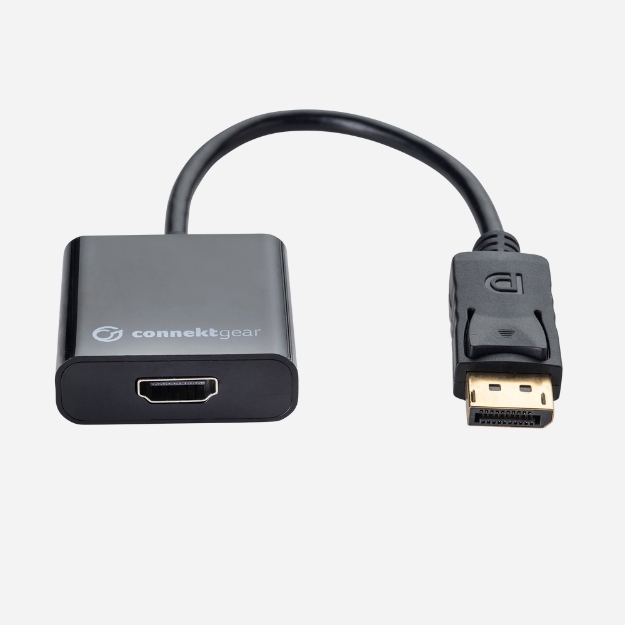 a HDMI female to displayport male adapter in a rounded black plastic housing with a Displayport male black cable
