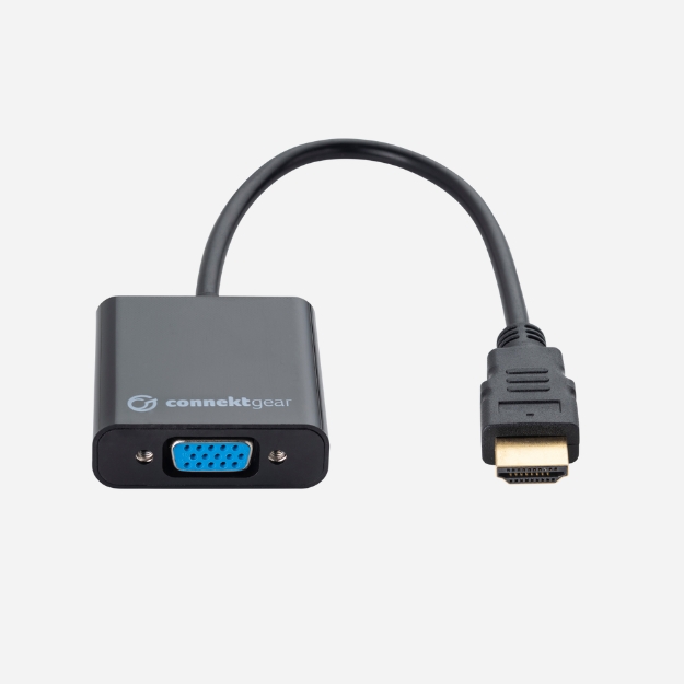 a VGA female to HDMI male adapter in a rounded black plastic housing with a HDMI male black cable
