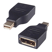 A mini displayport male to displayport female adapter housed in a black shaped casing