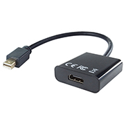 A mini displayport male to HDMI female adapter in plastic black housing with a mini displayport male black cable