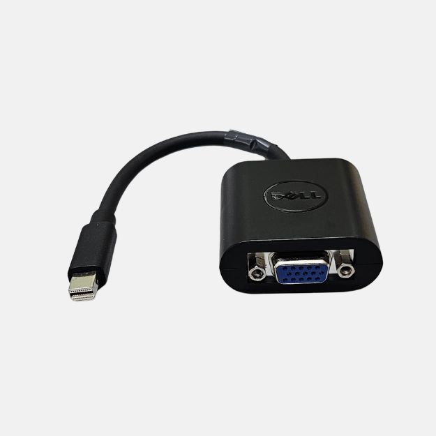a VGA female to displayport male adapter in a rounded black plastic housing with a mini Displayport male black cable
