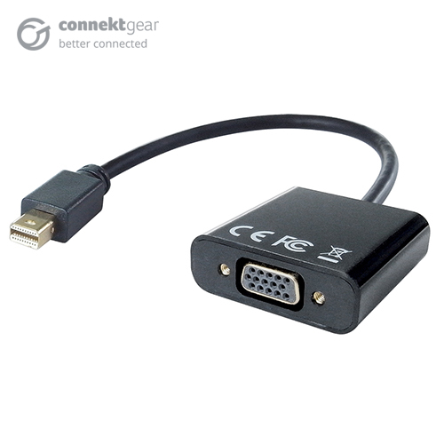 a VGA female to displayport male adapter in a rounded black plastic housing with a mini Displayport male black cable