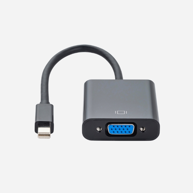 a VGA female to displayport male adapter in a rounded black plastic housing with a mini Displayport male black cable