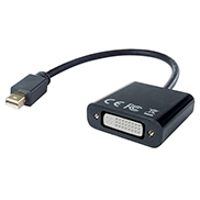 a DVI female to displayoirt male adapterin a rounded black plastic housing with a mini Displayport male black cable