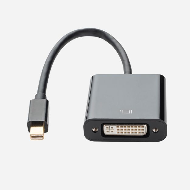 a DVI female to displayoirt male adapterin a rounded black plastic housing with a mini Displayport male black cable