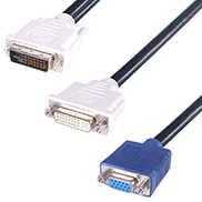 a black DVI-I (24+5) to DVI-D and VGA splitter cable with a white DVI-D female connector a blue VGA HD15 female connector and a white DVI-I (24+5) connector