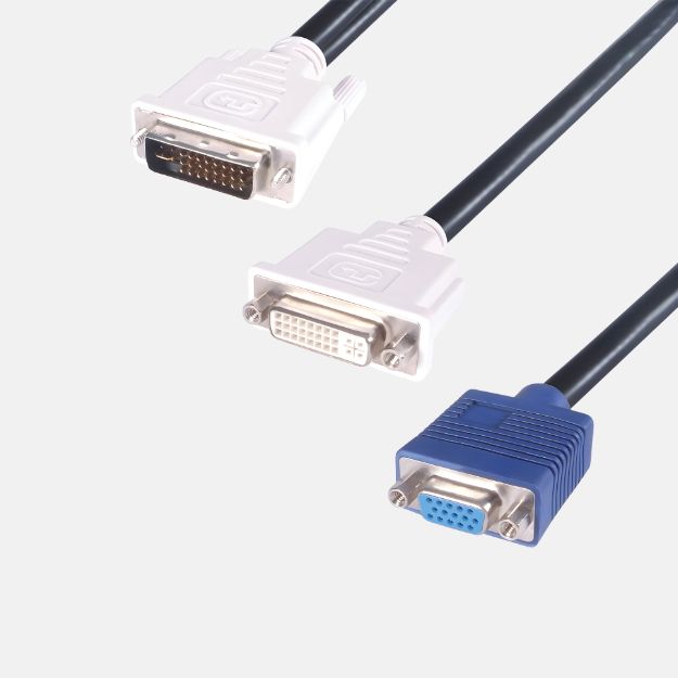a black DVI-I (24+5) to DVI-D and VGA splitter cable with a white DVI-D female connector a blue VGA HD15 female connector and a white DVI-I (24+5) connector
