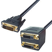a black DVI monitor splitter conenctor cable with a gold plated DVI-D (24+1) male connector and two DVI-D (24+1) female gold plated connectors conjoined together on top of eachother