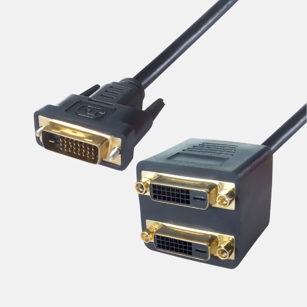a black DVI monitor splitter conenctor cable with a gold plated DVI-D (24+1) male connector and two DVI-D (24+1) female gold plated connectors conjoined together on top of eachother