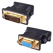 A DVI-I (24+5) to VGA adapter housed in a black shaped casing with a female VGA gold plated connector and a DVI-I(24+1) gold plated connector
