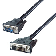 a black VGA to DVI-I connector cable with a VGA male connector and a DVI-I (24+5) male connector