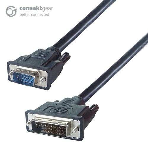 a black VGA to DVI-I connector cable with a VGA male connector and a DVI-I (24+5) male connector