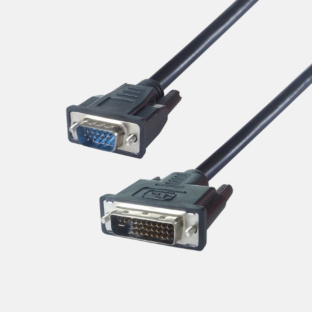 a black VGA to DVI-I connector cable with a VGA male connector and a DVI-I (24+5) male connector