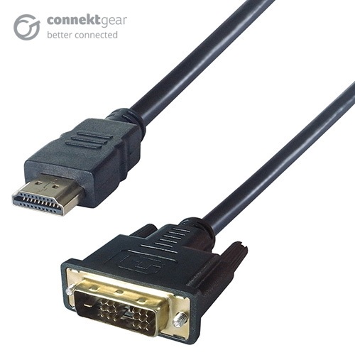 One HDMI gold plated male connector with a black cable tailing off the end and one DVI-D (18+1) gold plated male connector with a black cable tailing off the end