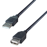 A USB type A black extension cable with a female USB type A connector and a USB type A male connector